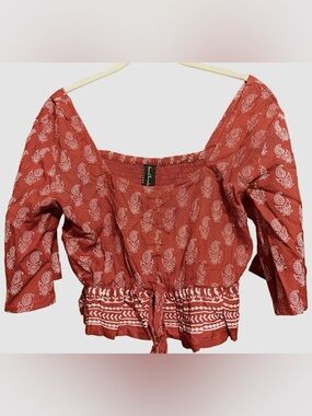 Sacred Threads Rust Red Printed Cropped Peasant Top